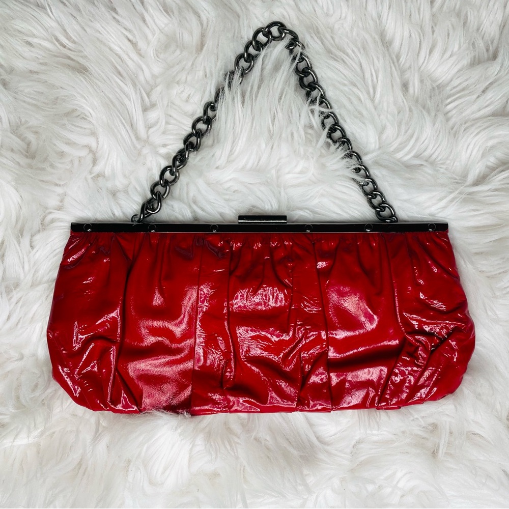 Perlina Red Patent Leather Clutch with removable gunmetal chain